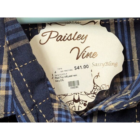 Paisley Vine Women Plus 2XL Plaid Long Sleeve Eyelet Ruffle Lace Shirt Button Up - Picture 6 of 15